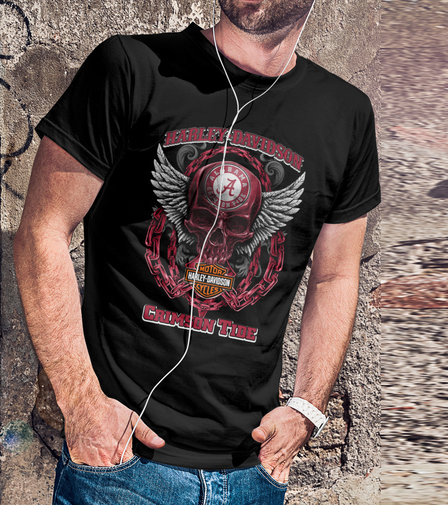 Harley Davidson Alabama Crimson Tide Skull Wings Motor Cycles T-Shirt