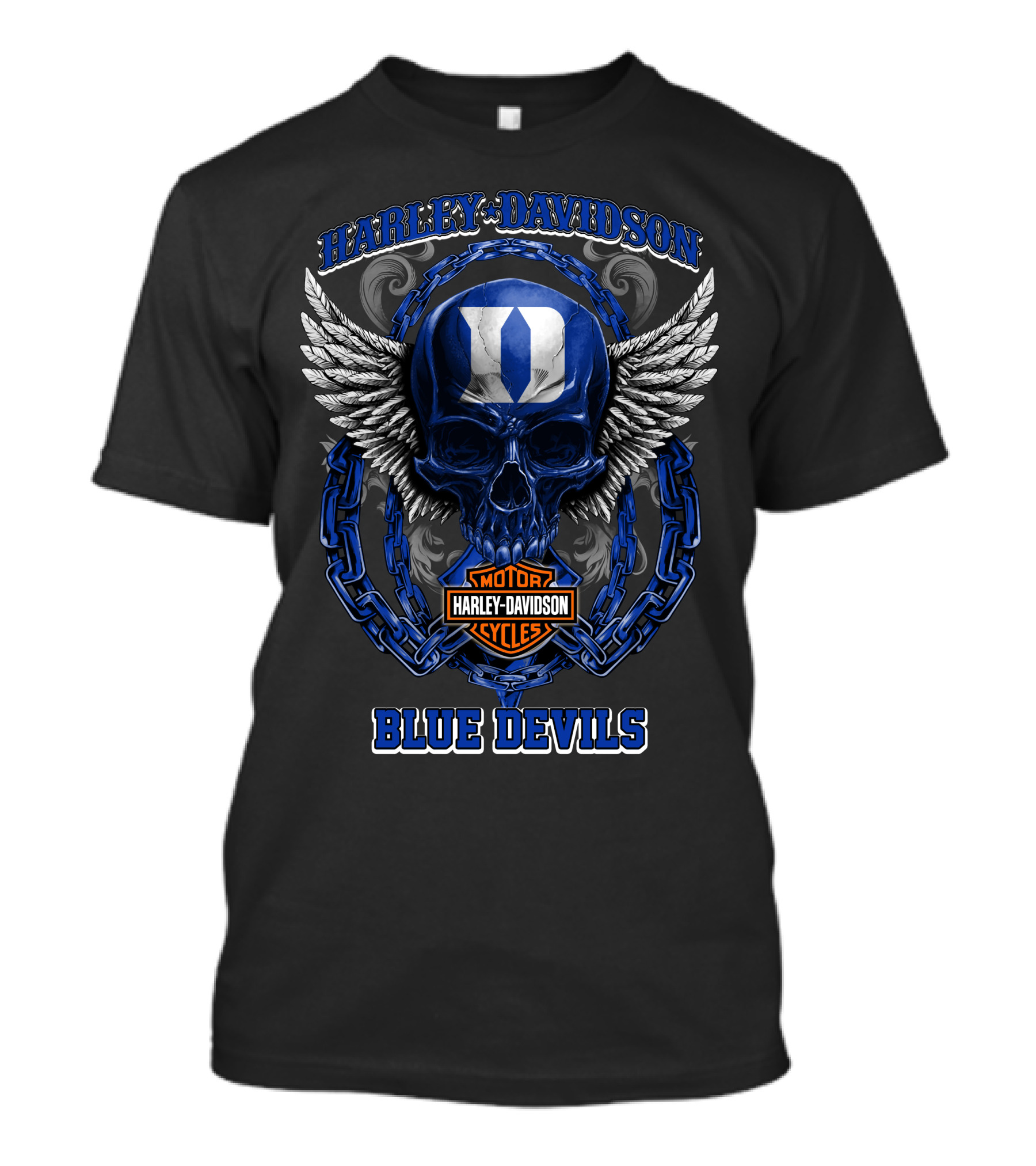 Harley Davidson Blue Devils Duke Skull Wings Chain T-Shirt