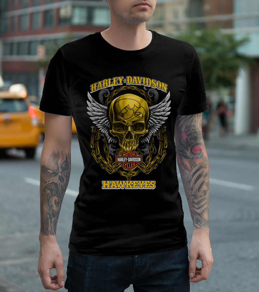 Harley Davidson Motor Cycles Hawkeyes Skull Wings T-Shirt