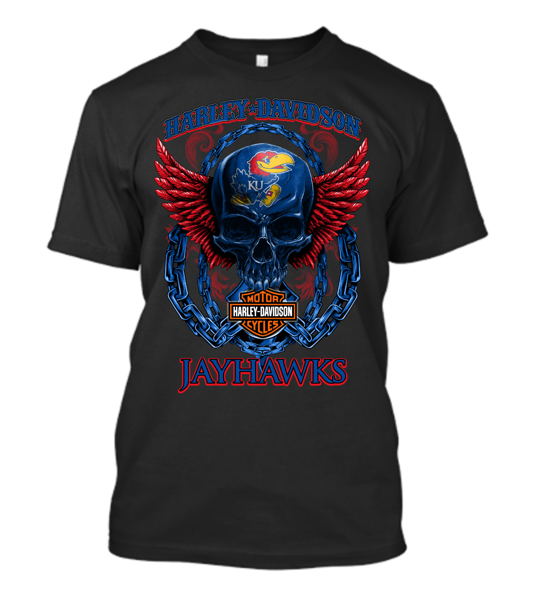 Harley Davidson Ku Jayhawks Skull Wings And Chains T-Shirt