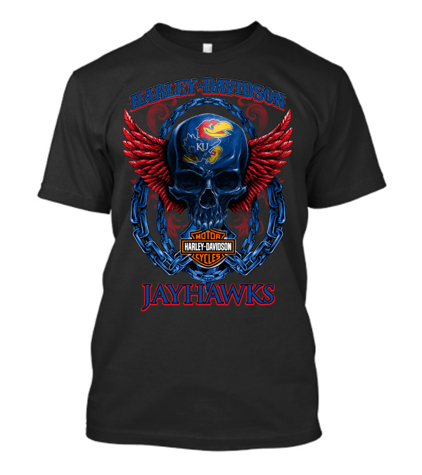 Harley Davidson Ku Jayhawks Skull Wings And Chains T-Shirt