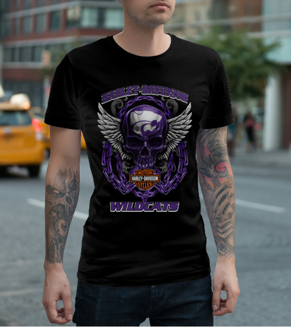 Harley Davidson Wildcats Kansas State Motorcycles Skull Wings T-Shirt