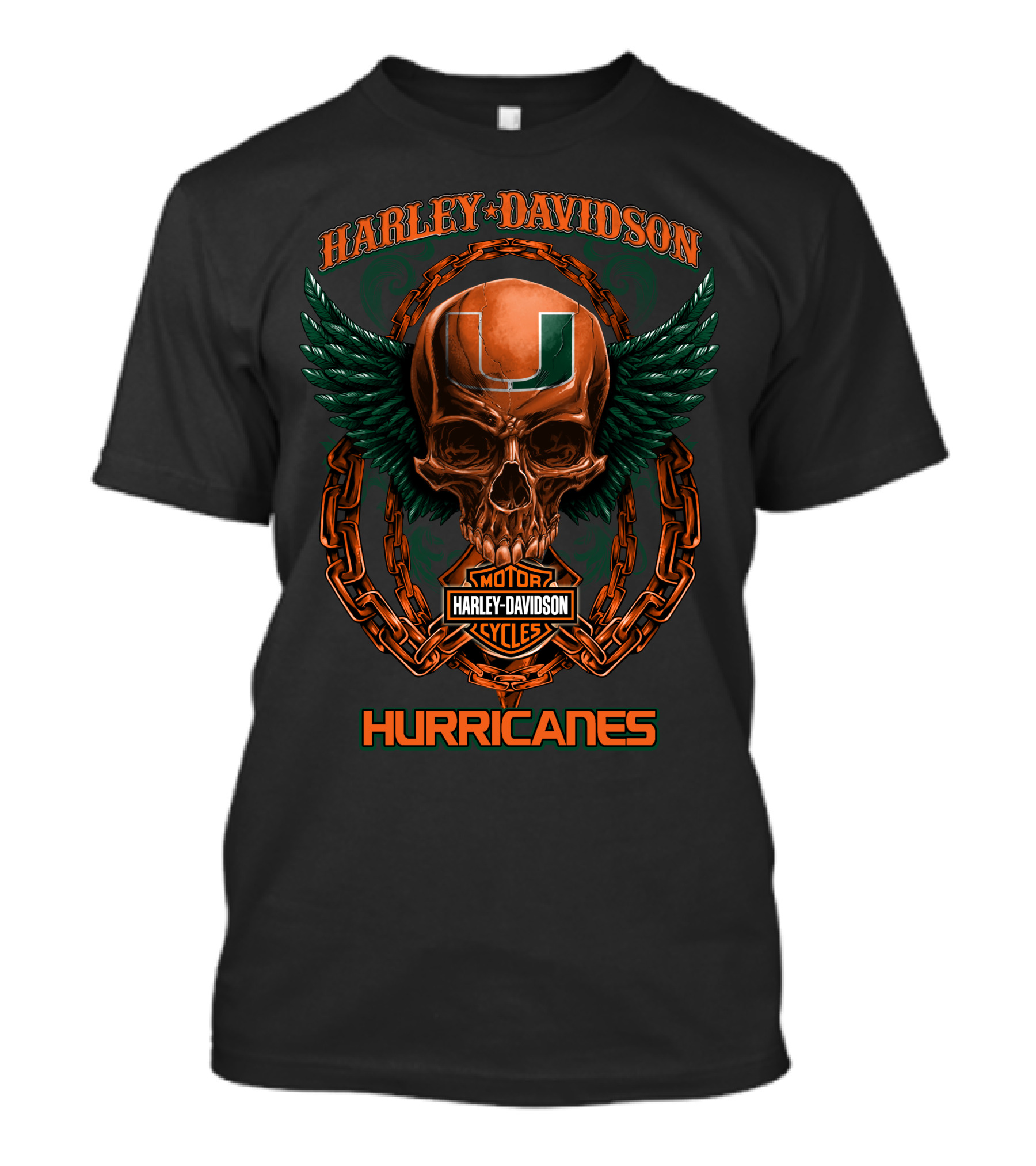 Harley Davidson Miami Hurricanes Skull Wing Motor Cycles T-Shirt
