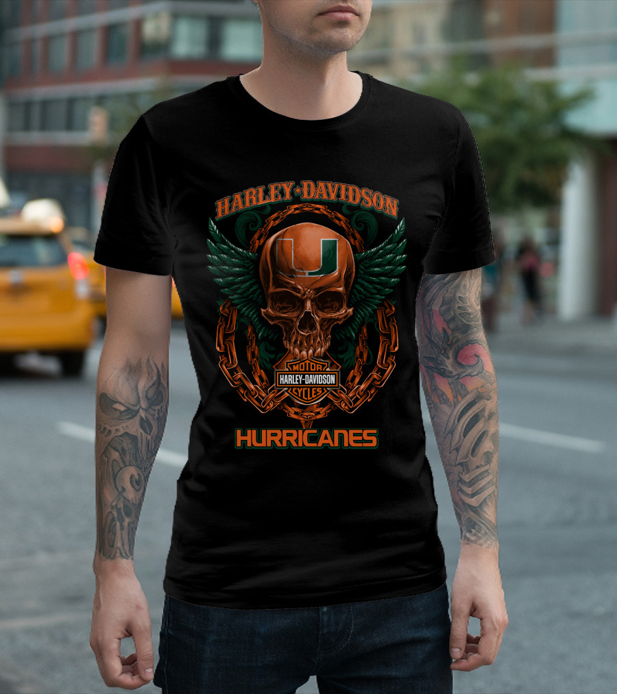 Harley Davidson Miami Hurricanes Skull Wing Motor Cycles T-Shirt