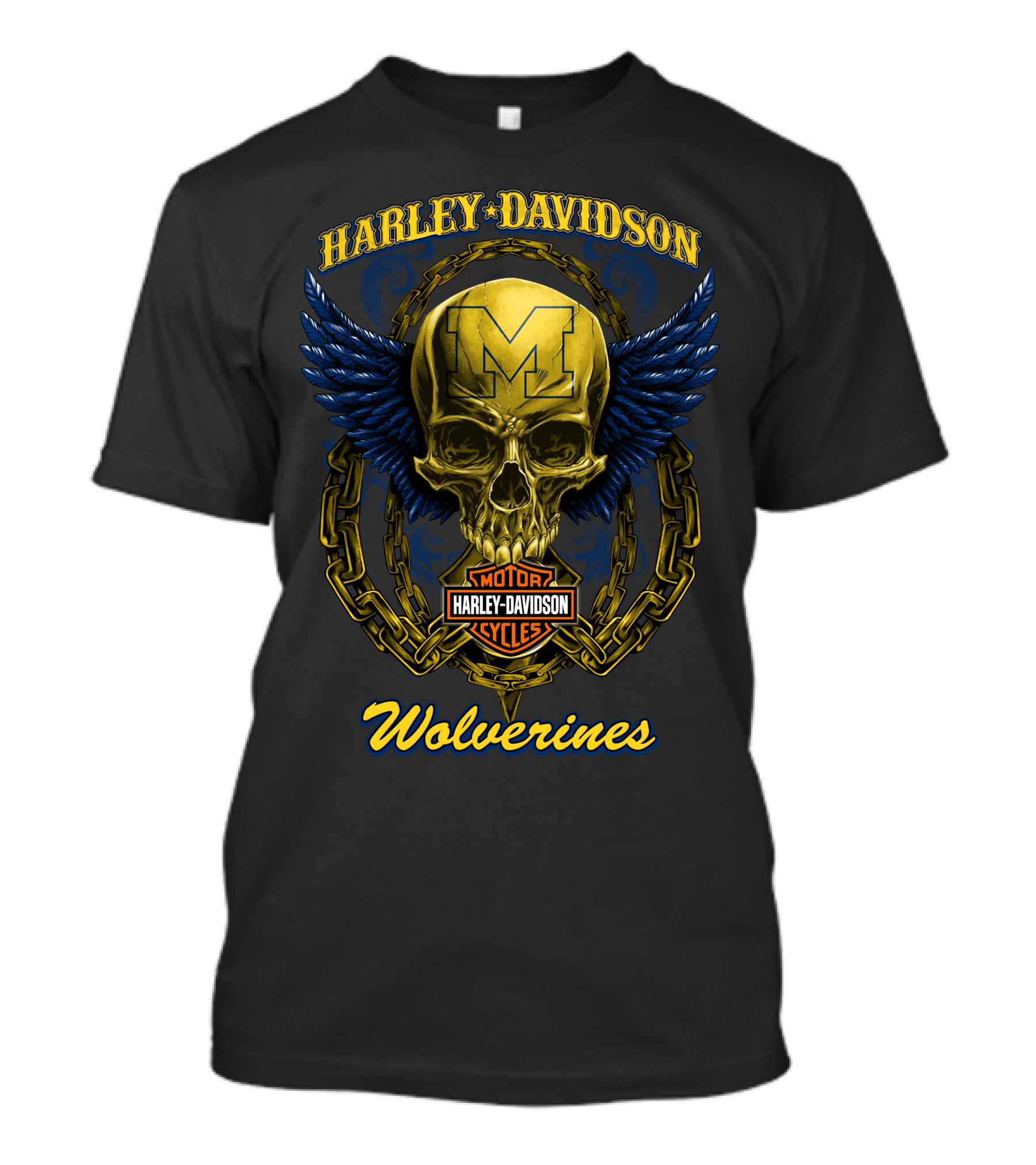 Harley Davidson Michigan Wolverines Skull Logo With Chain And Wings T-Shirt
