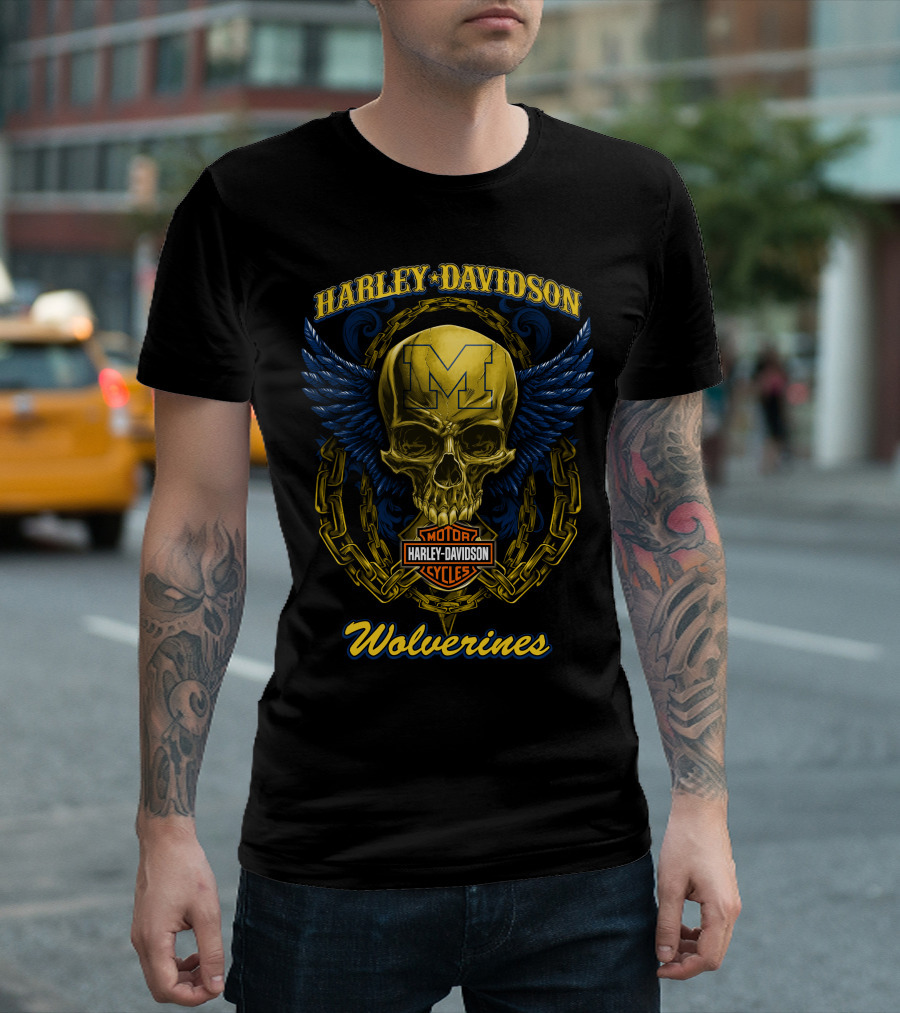Harley Davidson Michigan Wolverines Skull Logo With Chain And Wings T-Shirt