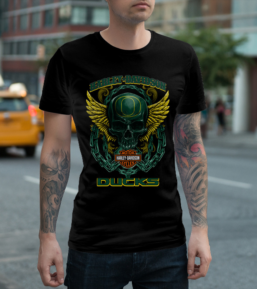 Harley Davidson Oregon Ducks Motorcycles Skull With Wings T-Shirt