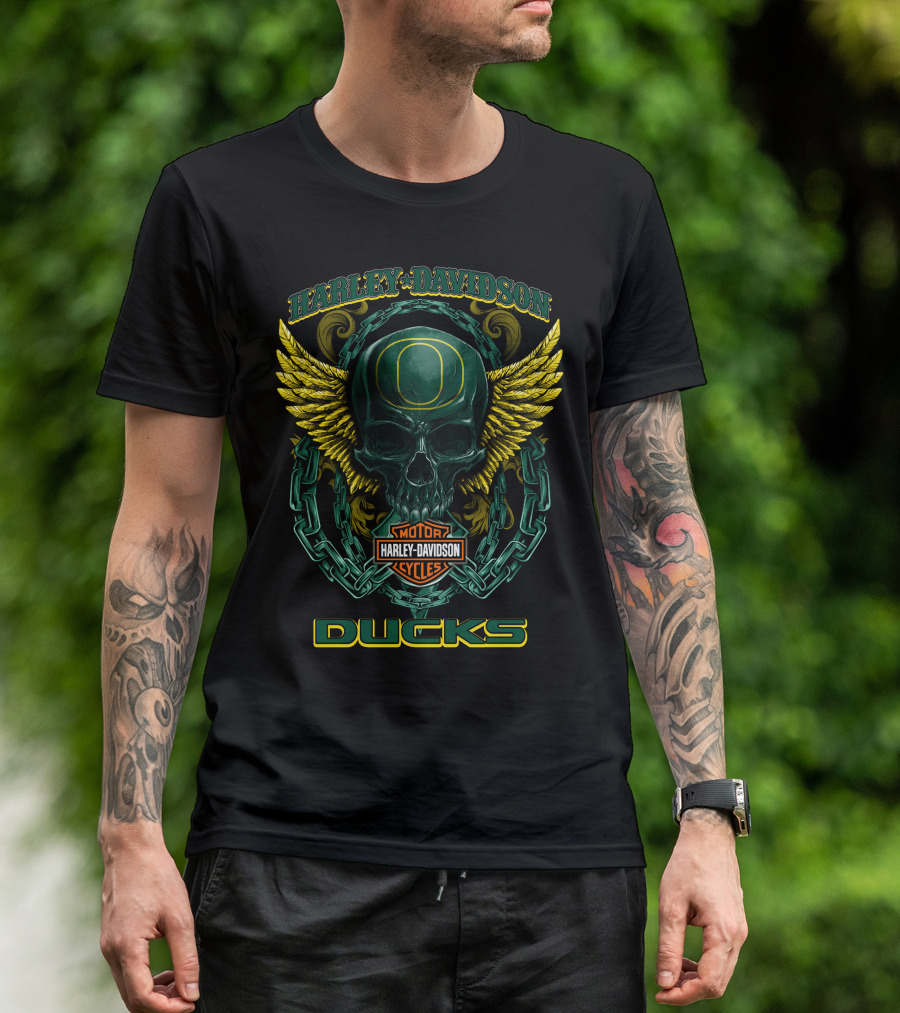Harley Davidson Oregon Ducks Motorcycles Skull With Wings T-Shirt