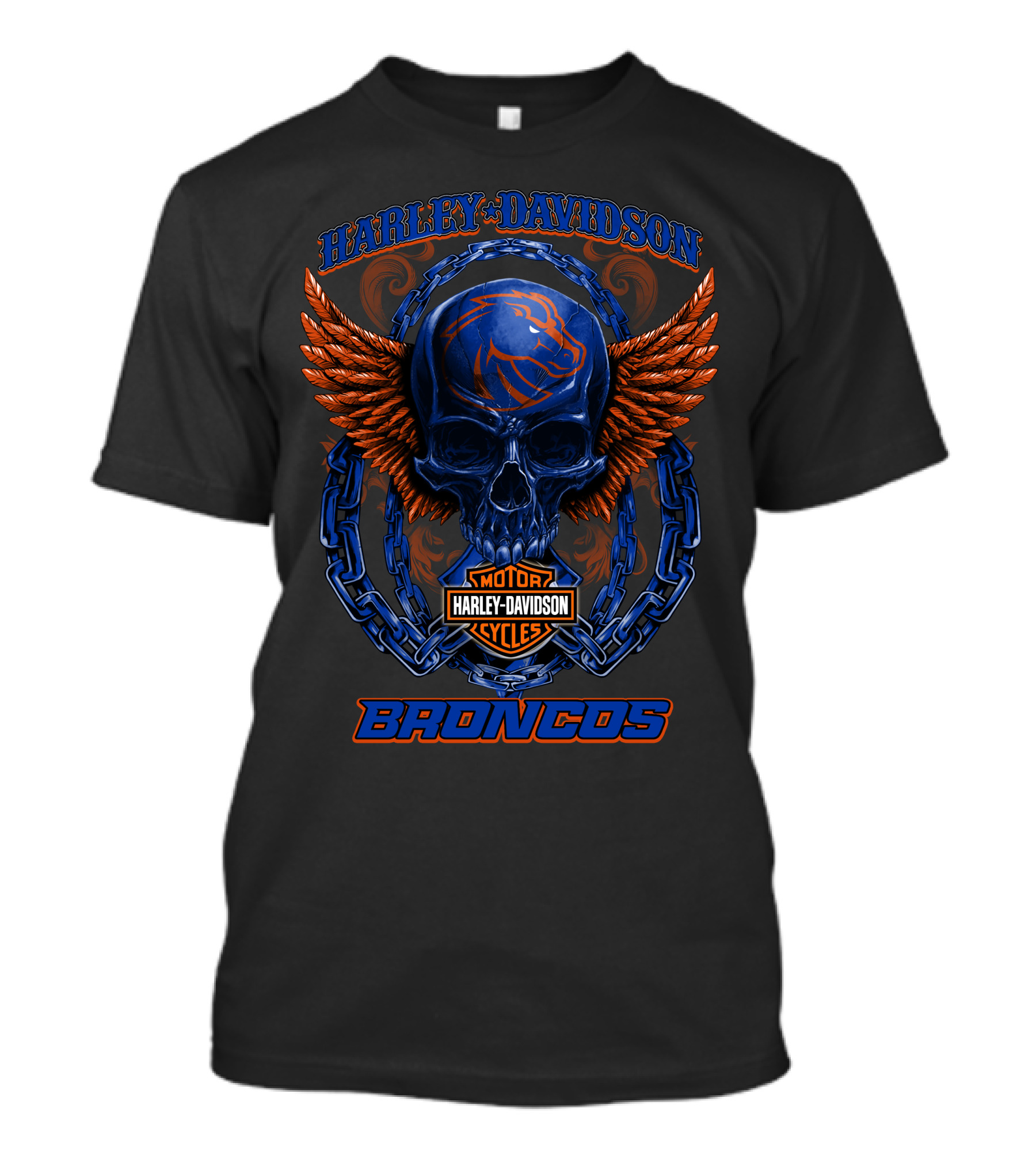 Harley Davidson Motor Cycles Boise State Broncos Skull Wings Chains T-Shirt