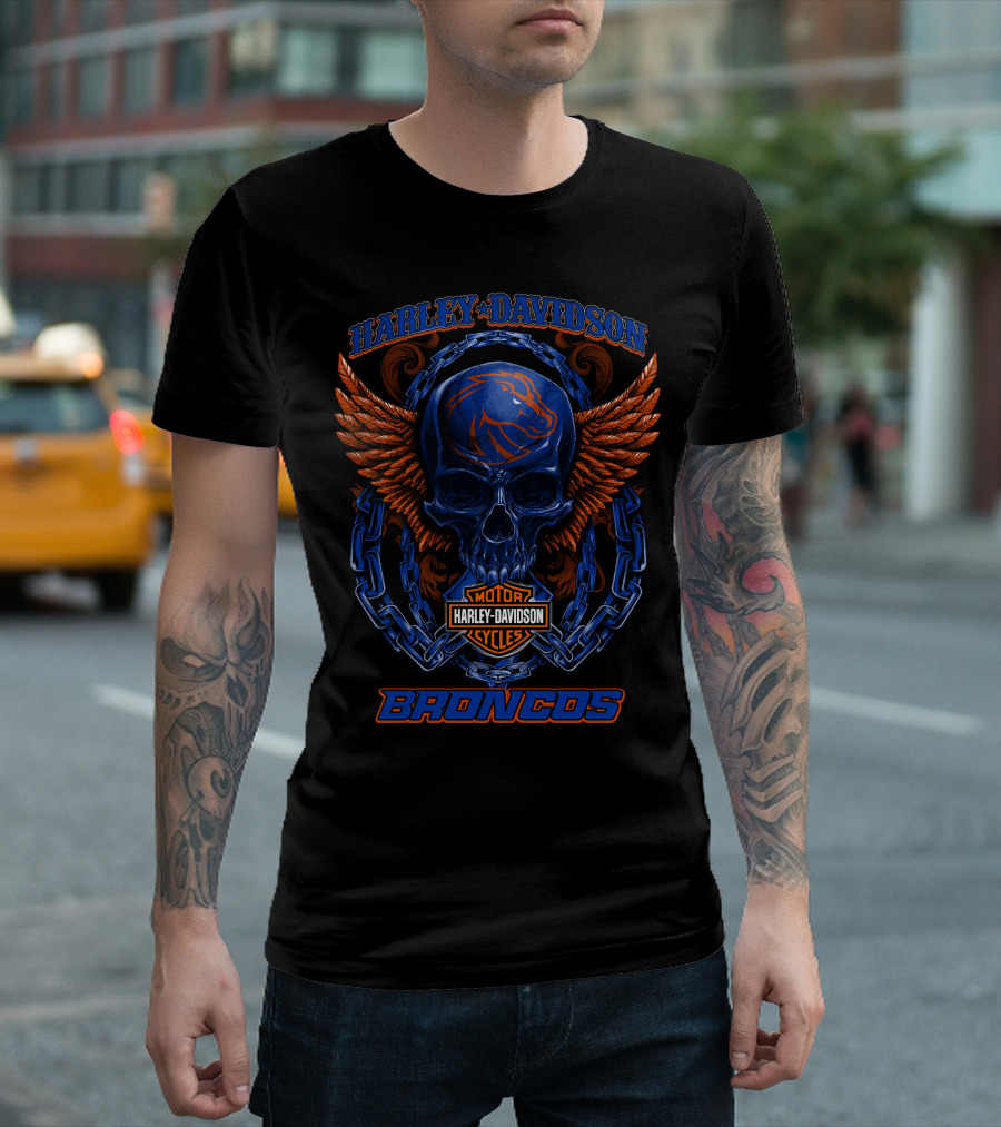 Harley Davidson Motor Cycles Boise State Broncos Skull Wings Chains T-Shirt