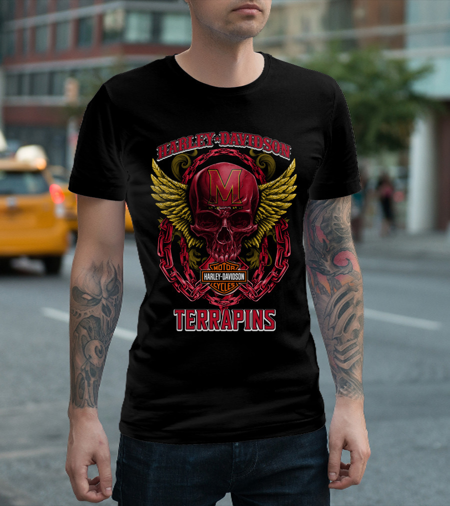 Harley Davidson Maryland Terrapins Skull Wings Chain T-Shirt