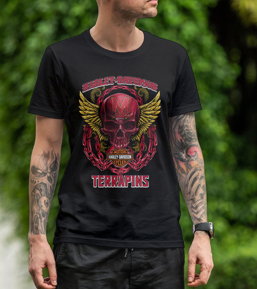 Harley Davidson Maryland Terrapins Skull Wings Chain T-Shirt