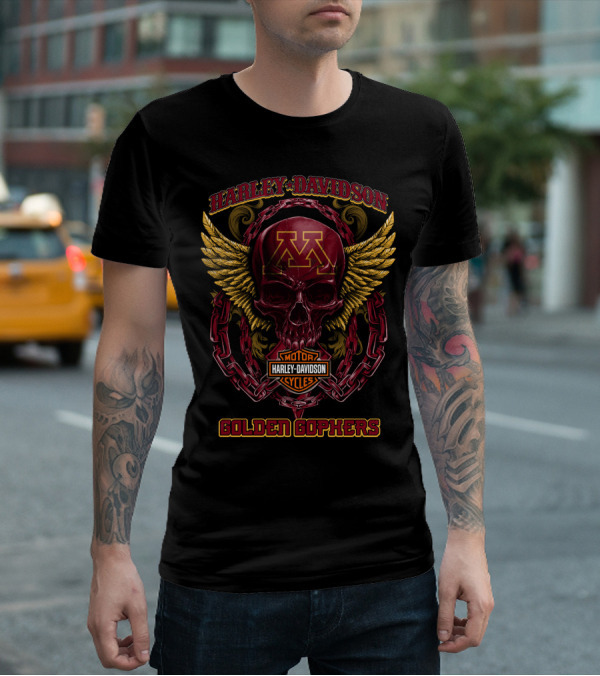 Harley Davidson Minnesota Golden Gophers Skull Wings Motorcycle Chains T-Shirt