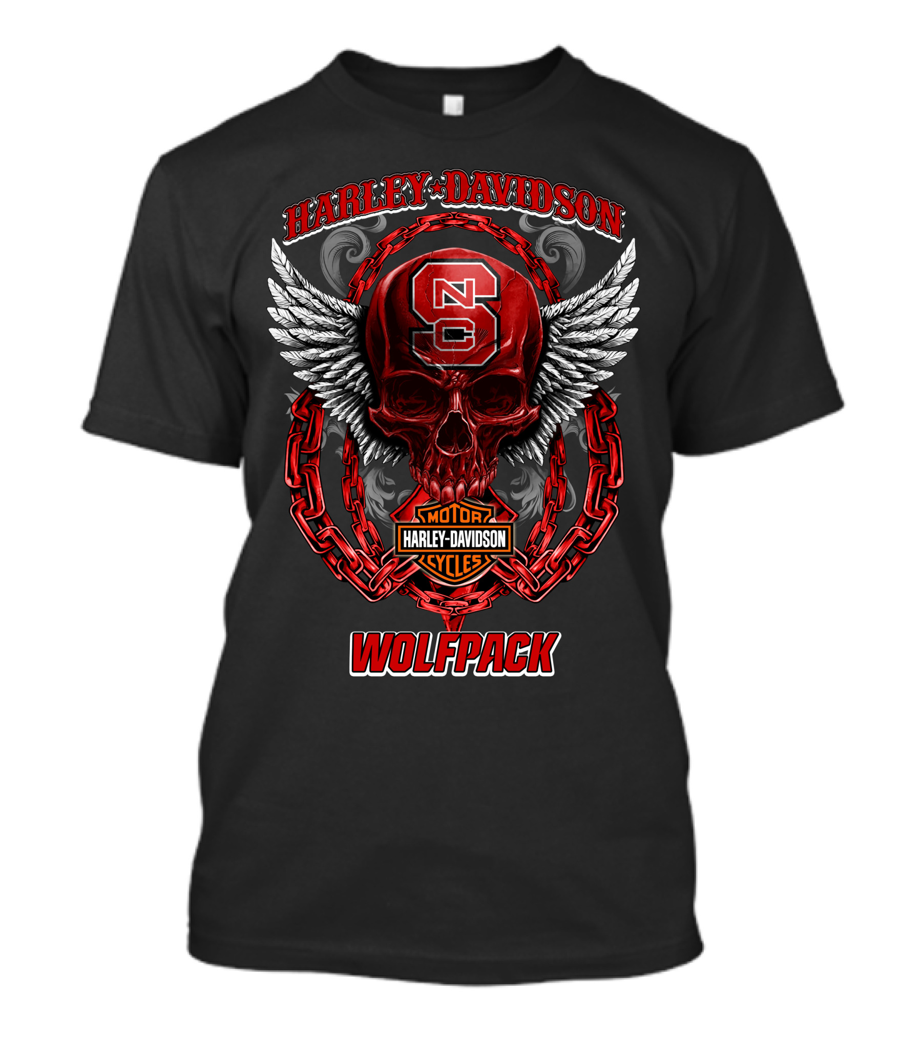 Harley Davidson North Carolina State Wolfpack Nc Skull Wings Chain Motorcycles T-Shirt