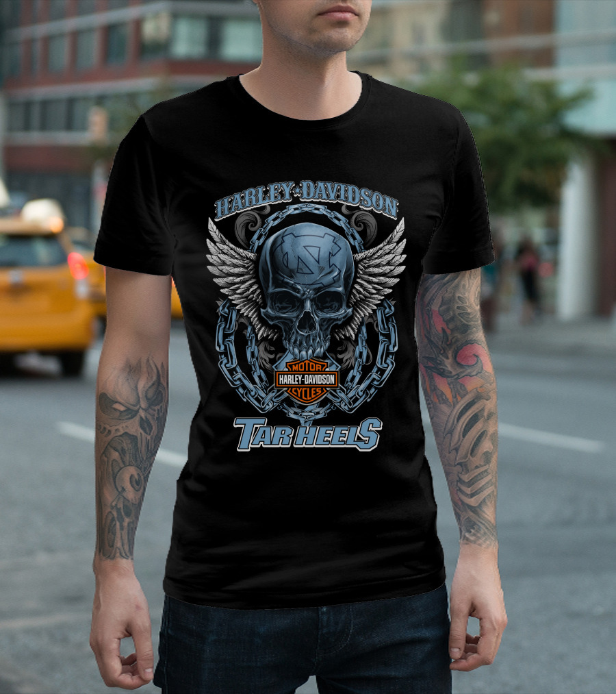 Harley Davidson Motorcycles North Carolina Tar Heels Skull And Wings T-Shirt