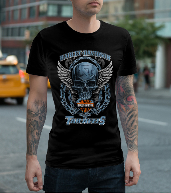 Harley Davidson Motorcycles North Carolina Tar Heels Skull And Wings T-Shirt