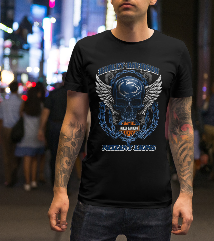 Harley Davidson Penn State Nittany Lions Motor Cycles Skull Wings T-Shirt