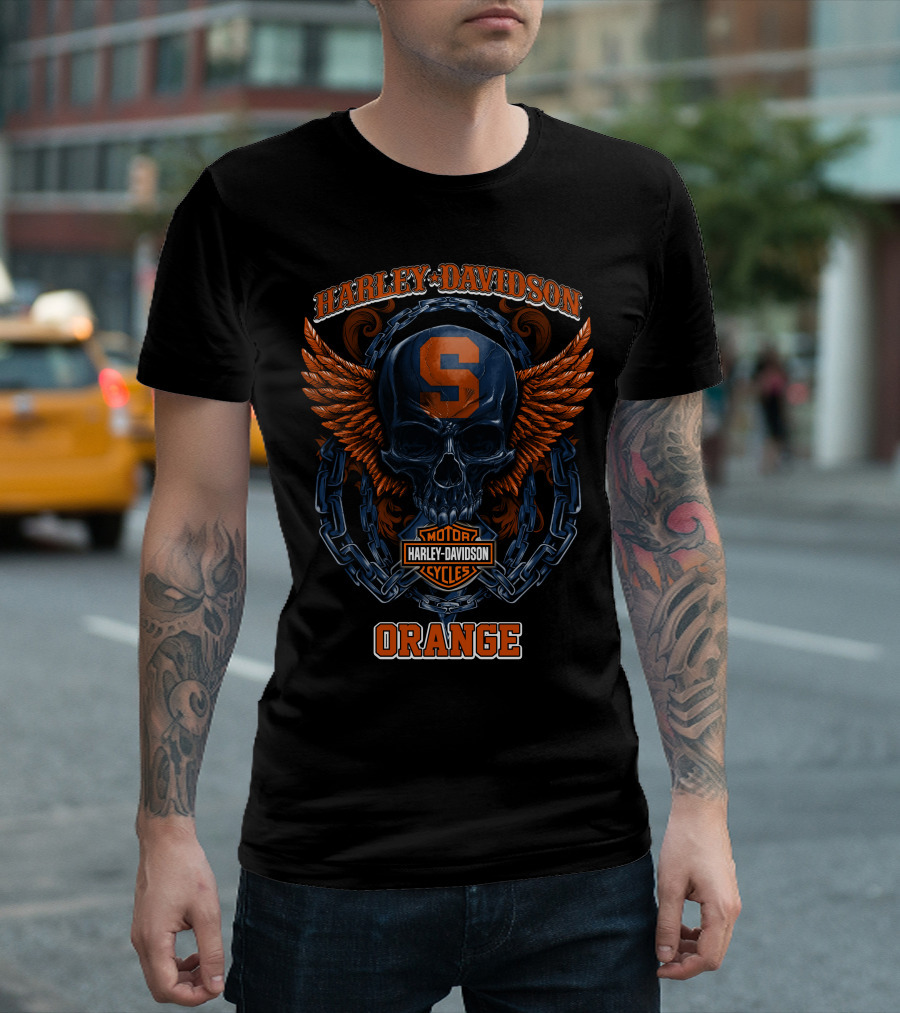 Harley Davidson Syracuse Orange Motor Cycles Skull Wings T-Shirt
