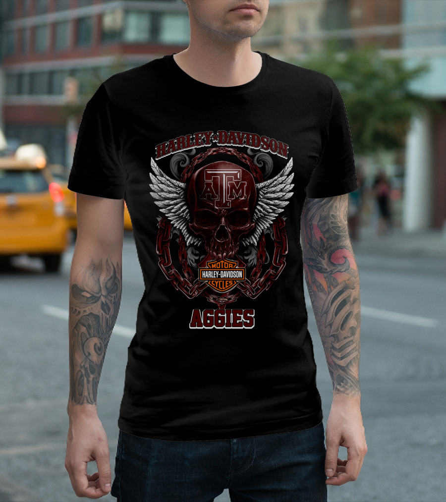 Harley Davidson Texas A&M Aggies Motorcycles Logo With Skull And Wings T-Shirt