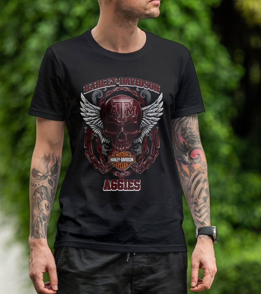 Harley Davidson Texas A&M Aggies Motorcycles Logo With Skull And Wings T-Shirt