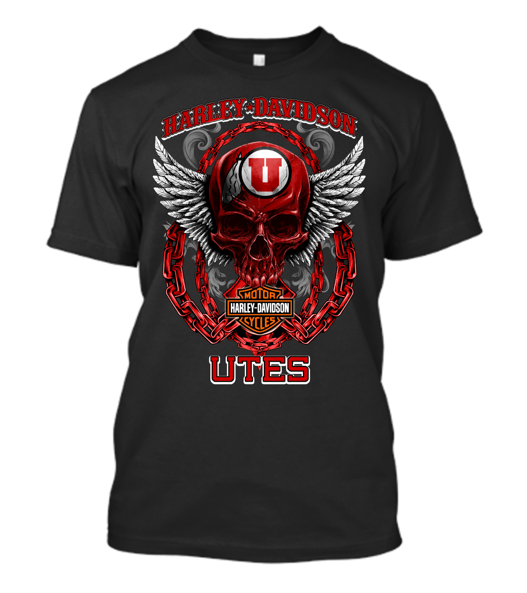 Harley Davidson Utah Utes Red Skull Wings Chains T-Shirt