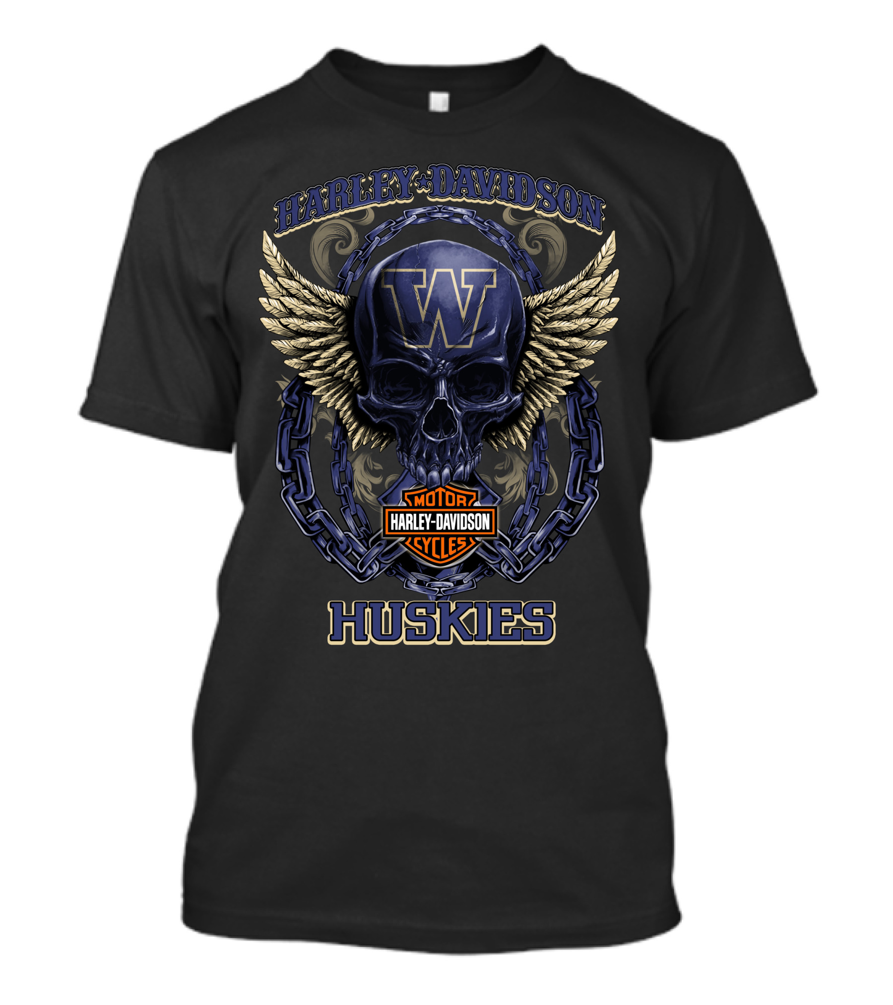 Harley Davidson Washington Huskies Skull Winged Logo Chain T-Shirt