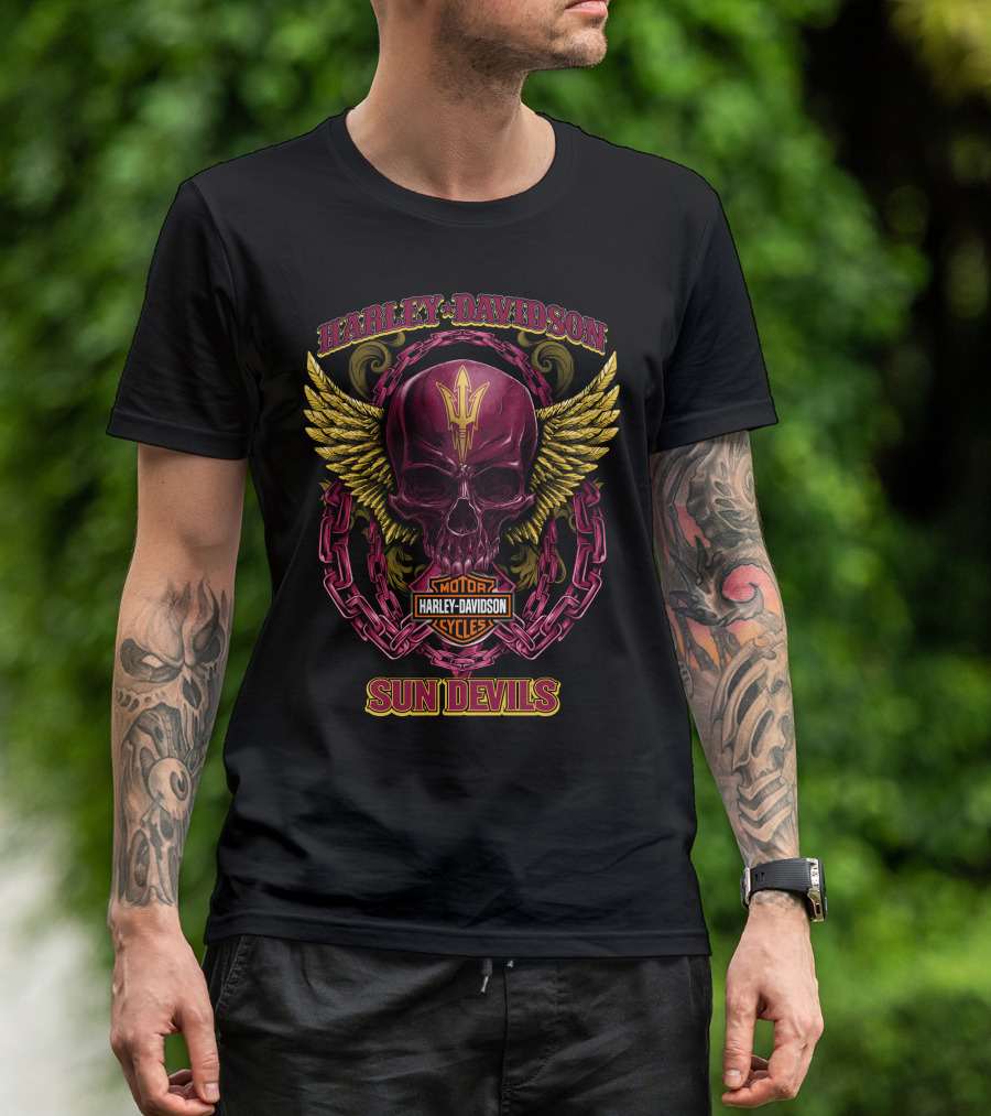 Harley Davidson Arizona State Sun Devils Motorcycles Skull With Wings T-Shirt