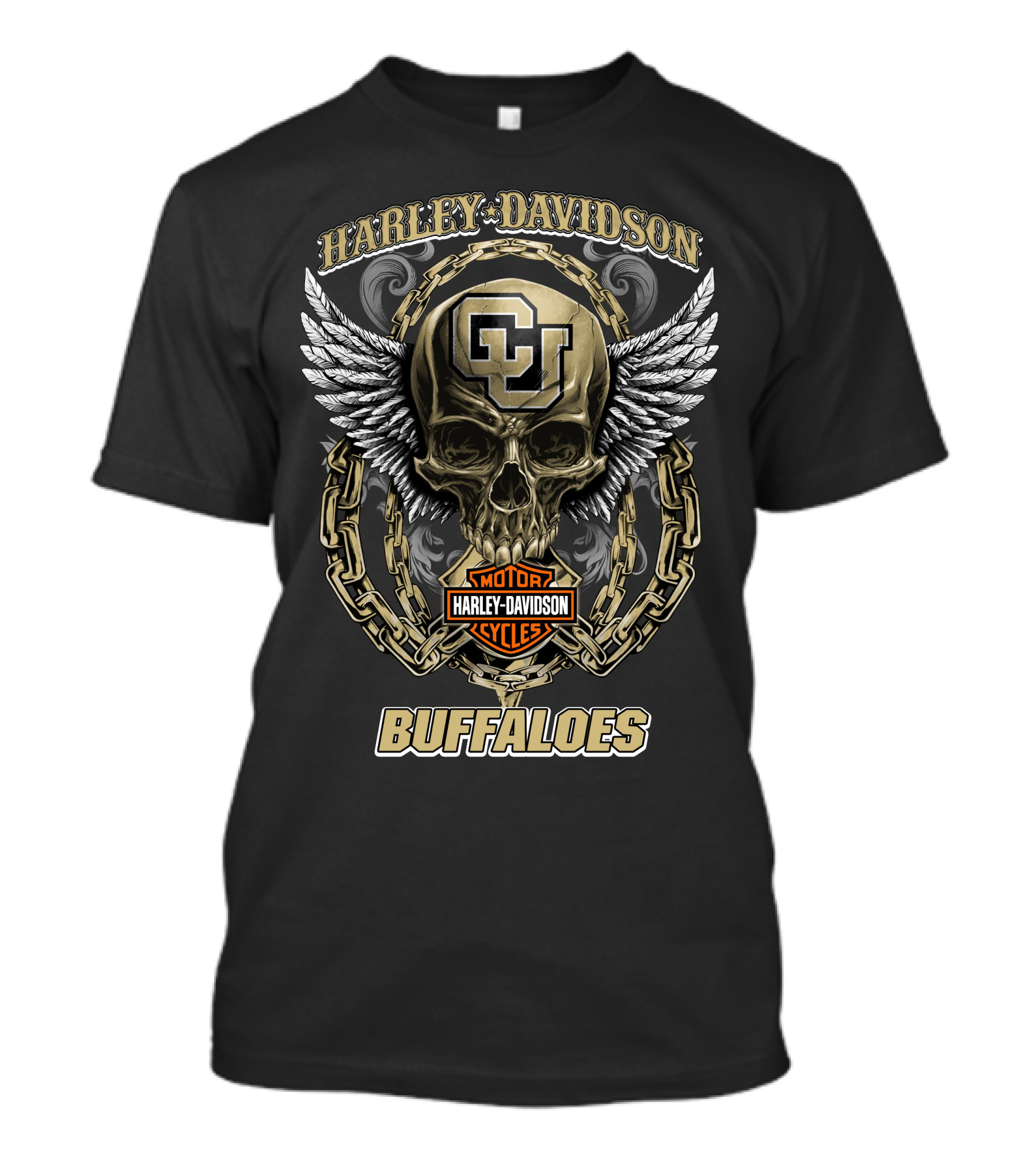 Harley Davidson Motor Cycles Colorado Buffaloes Skull Logo Chains Wings T-Shirt