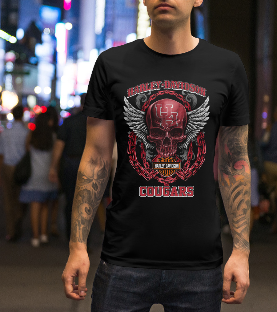 Harley Davidson Houston Cougars Skull With Chains And Wings T-Shirt