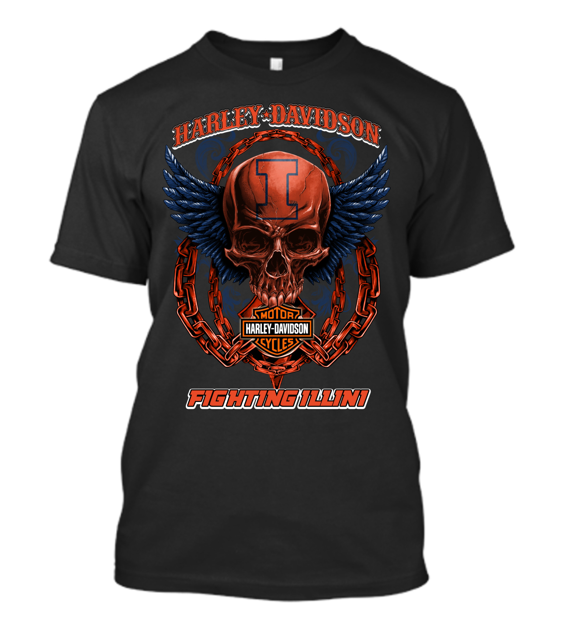 Harley Davidson Illinois Fighting Illini Skull Winged Chain T-Shirt