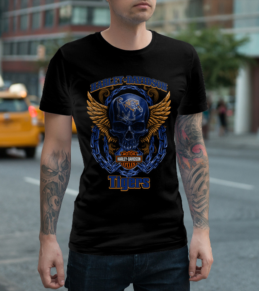 Harley Davidson Memphis Tigers Ncaa3 Skull Wings Chain T-Shirt