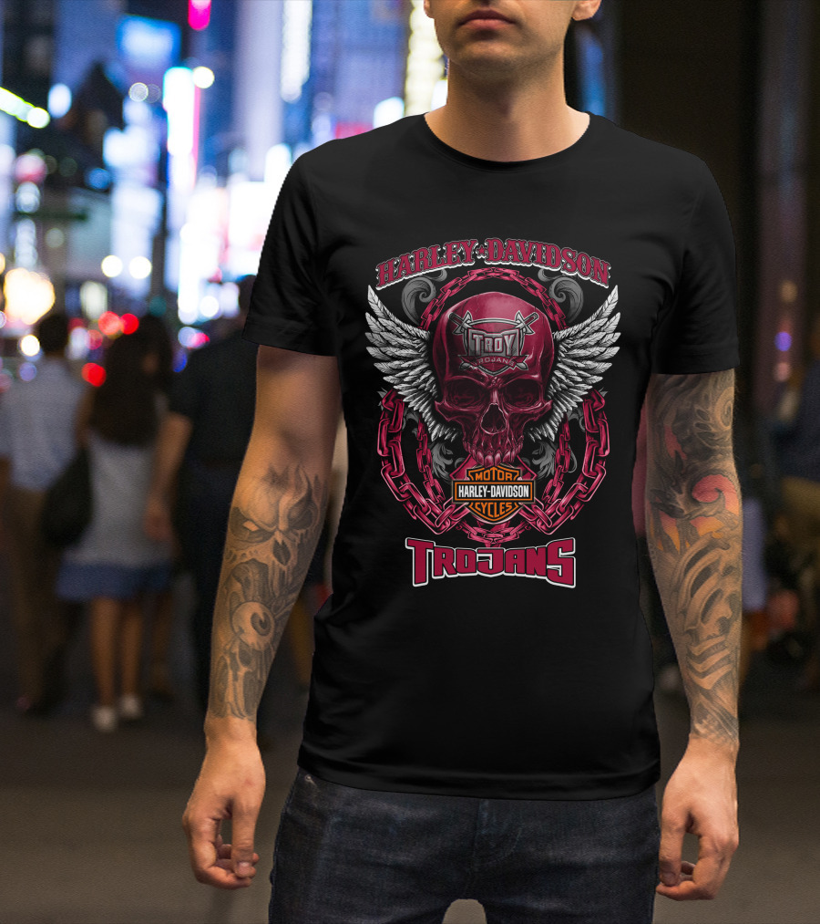 Harley Davidson Troy Trojans Motorcycles Skull With Wings And Chains T-Shirt