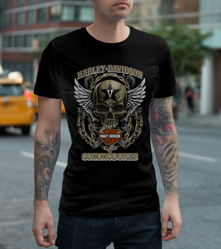 Harley Davidson Motorcycles Commodores Vanderbilt V Skull Wings Chains T-Shirt