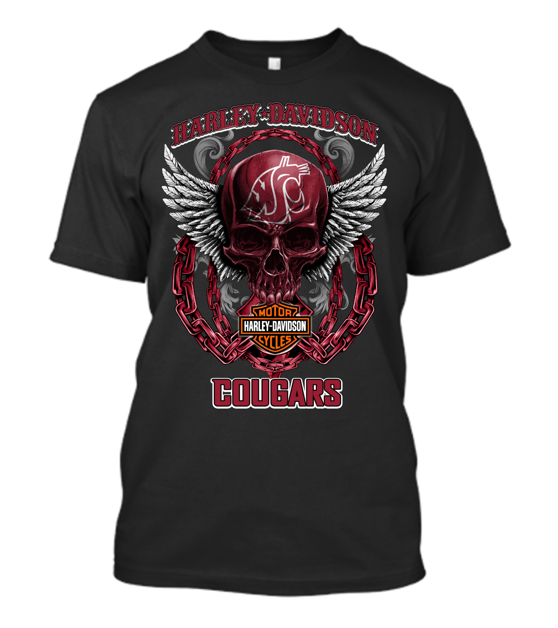 Harley Davidson Washington State Cougars Football Skull Wings Chains T-Shirt