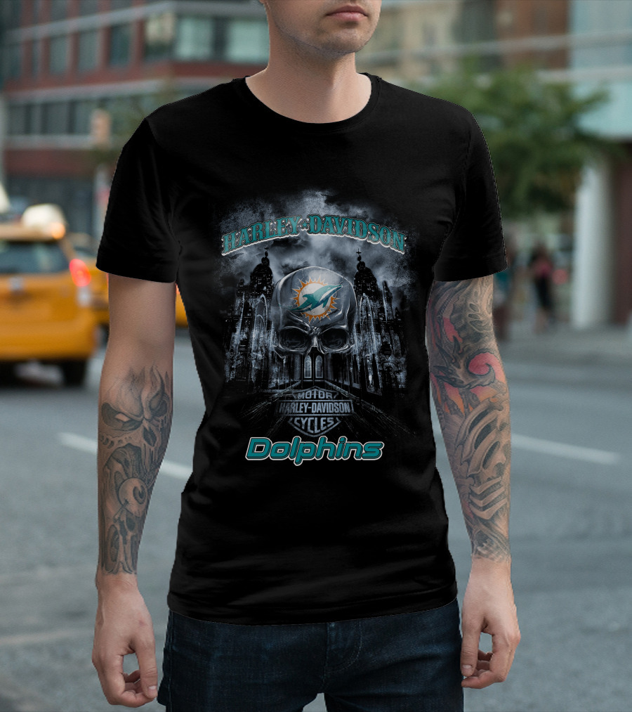 Harley Davidson Miami Dolphins Nfl Skull Motor Cycles T-Shirt