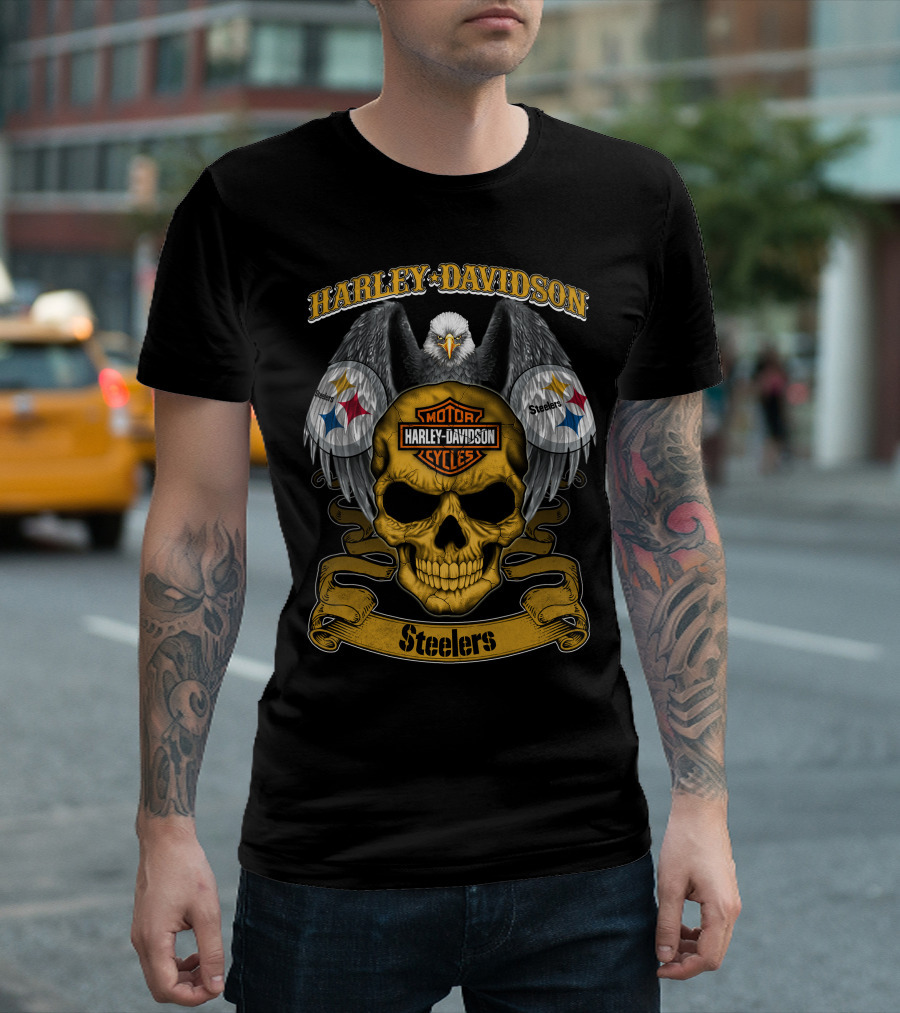 Harley Davidson Motor Cycles Pittsburgh Steelers Eagle Skull T-Shirt