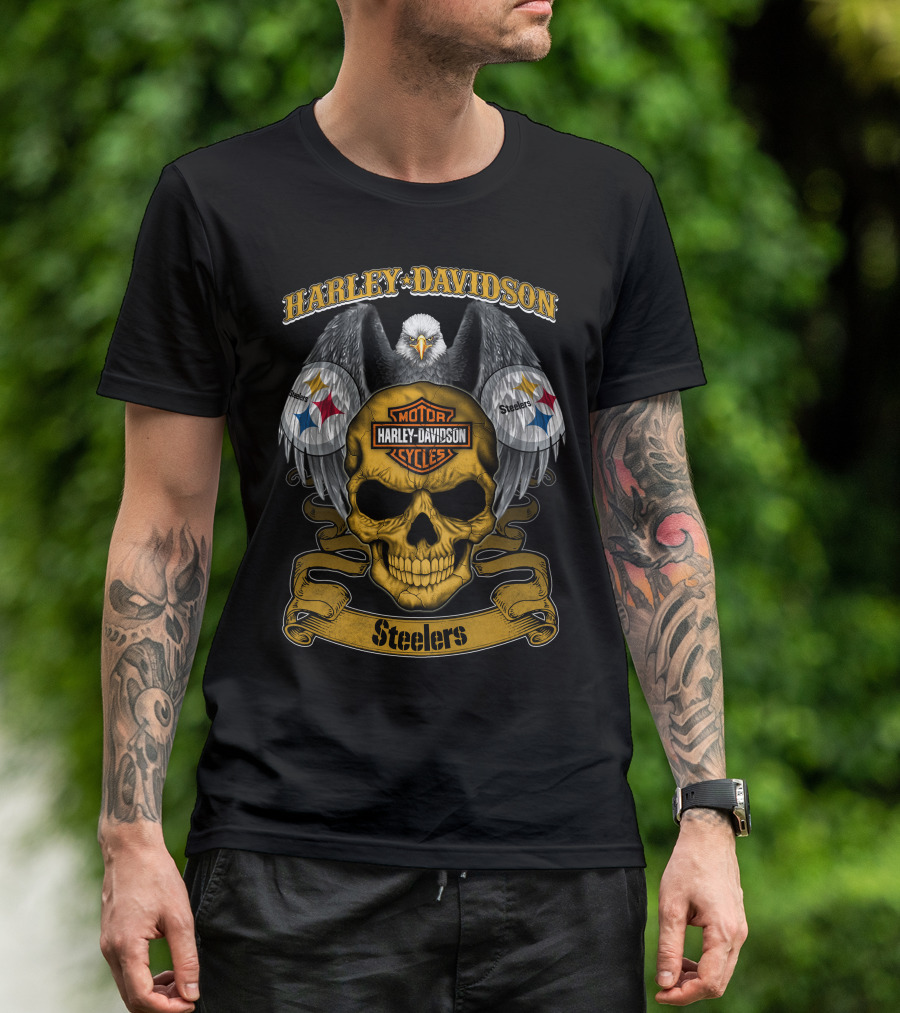 Harley Davidson Motor Cycles Pittsburgh Steelers Eagle Skull T-Shirt