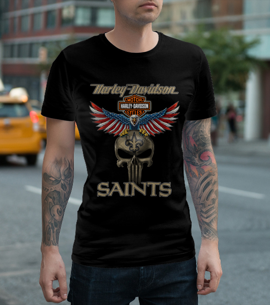 Harley Davidson Motor Cycles Eagle Skull Fleur-De-Lis Saints T-Shirt