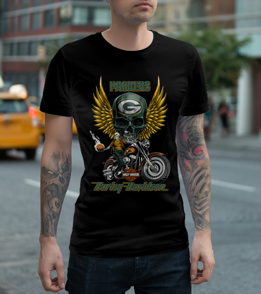 Packers Harley Davidson Motorcycles Green Bay Nfl Skull Winged T-Shirt