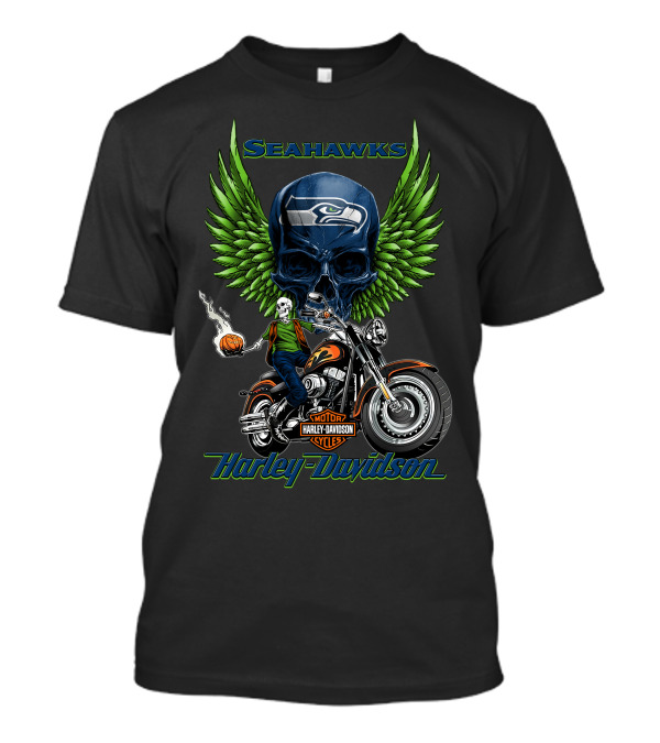 Seahawks Harley Davidson Motorcycles Green Wings Skull Rider Nfl Seattle T-Shirt