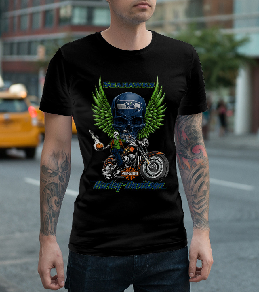 Seahawks Harley Davidson Motorcycles Green Wings Skull Rider Nfl Seattle T-Shirt