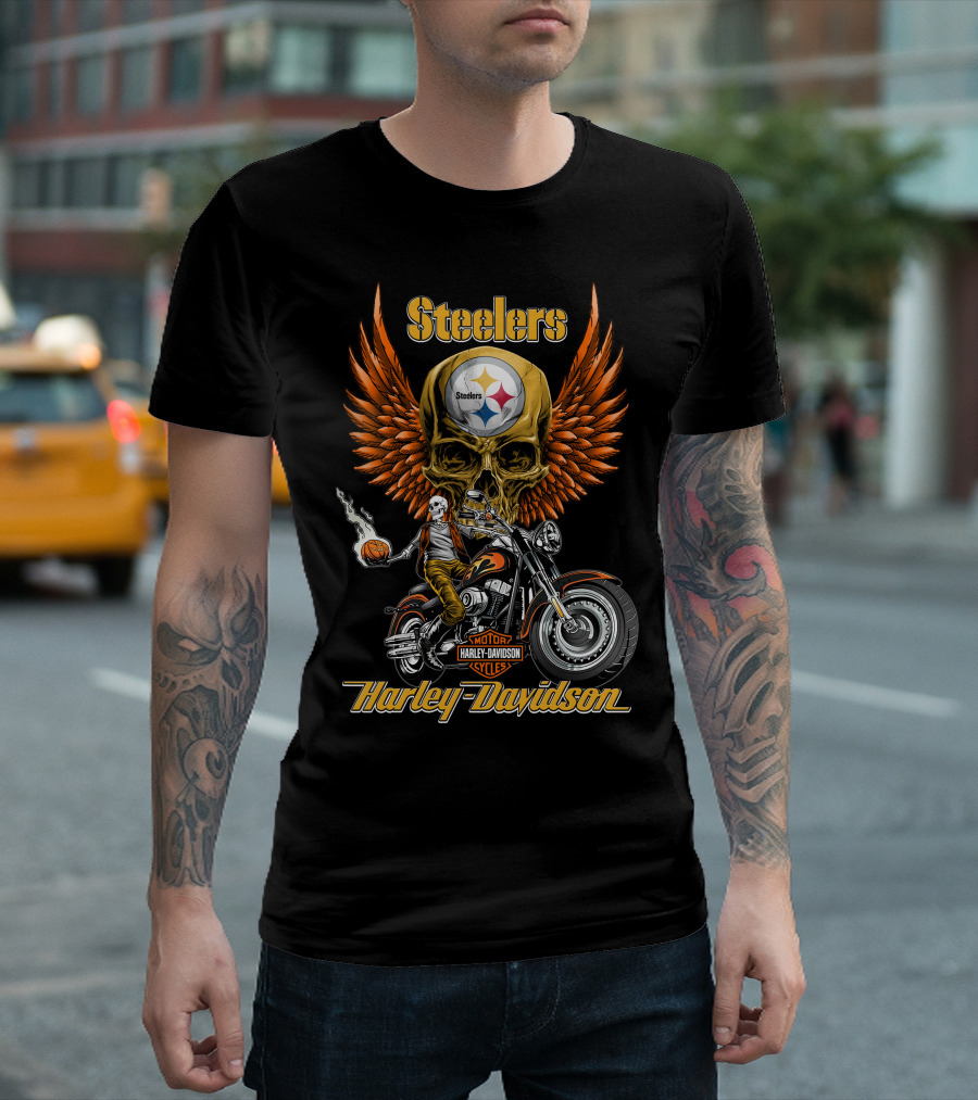 Steelers Harley Davidson Motor Cycles Skull Wings Nfl Pittsburgh T-Shirt