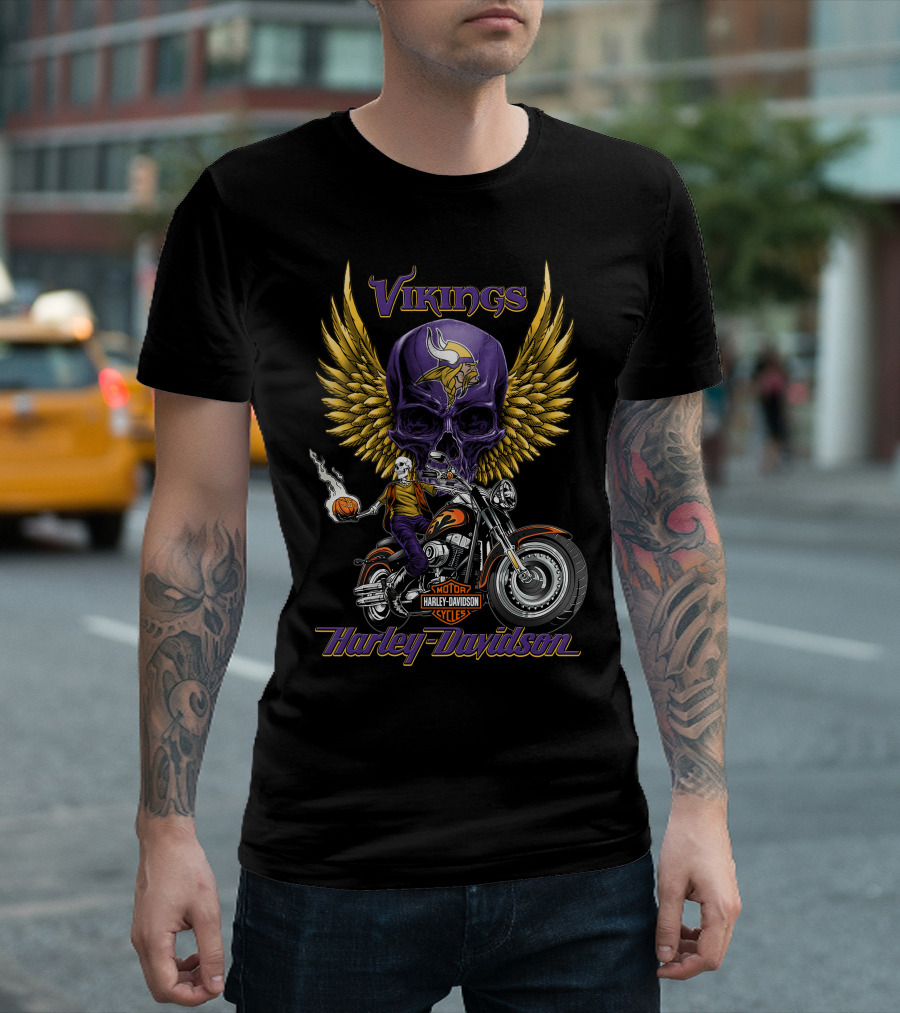 Vikings Harley Davidson Motorcycle Skull And Wings Nfl Minnesota T-Shirt