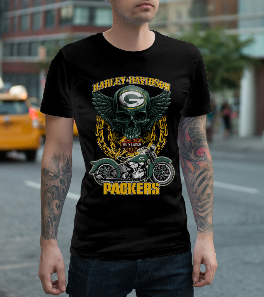 Harley Davidson Green Bay Packers Motorcycle Skull Nfl Packers T-Shirt