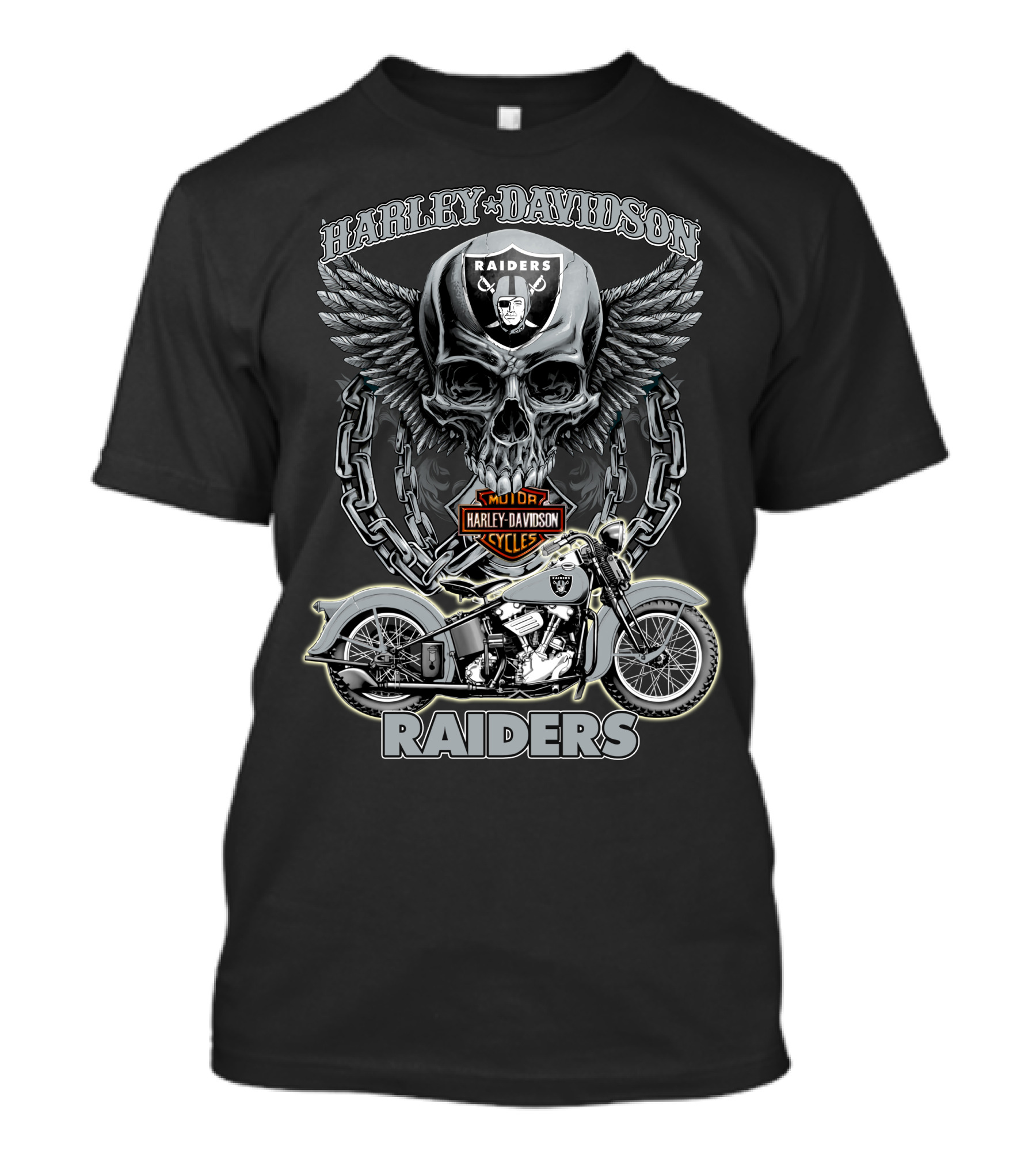 Harley Davidson Raiders Skull And Motorcycle Nfl Las Vegas Raiders T-Shirt