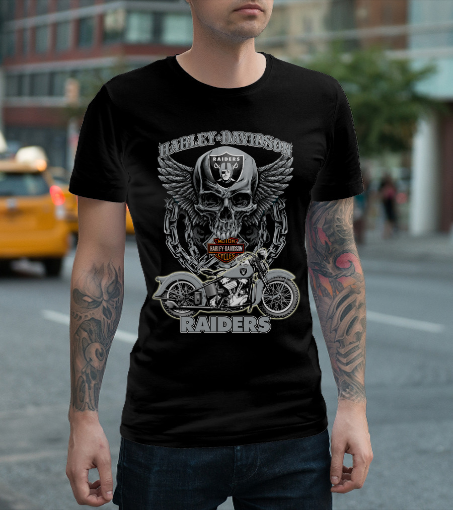 Harley Davidson Raiders Skull And Motorcycle Nfl Las Vegas Raiders T-Shirt