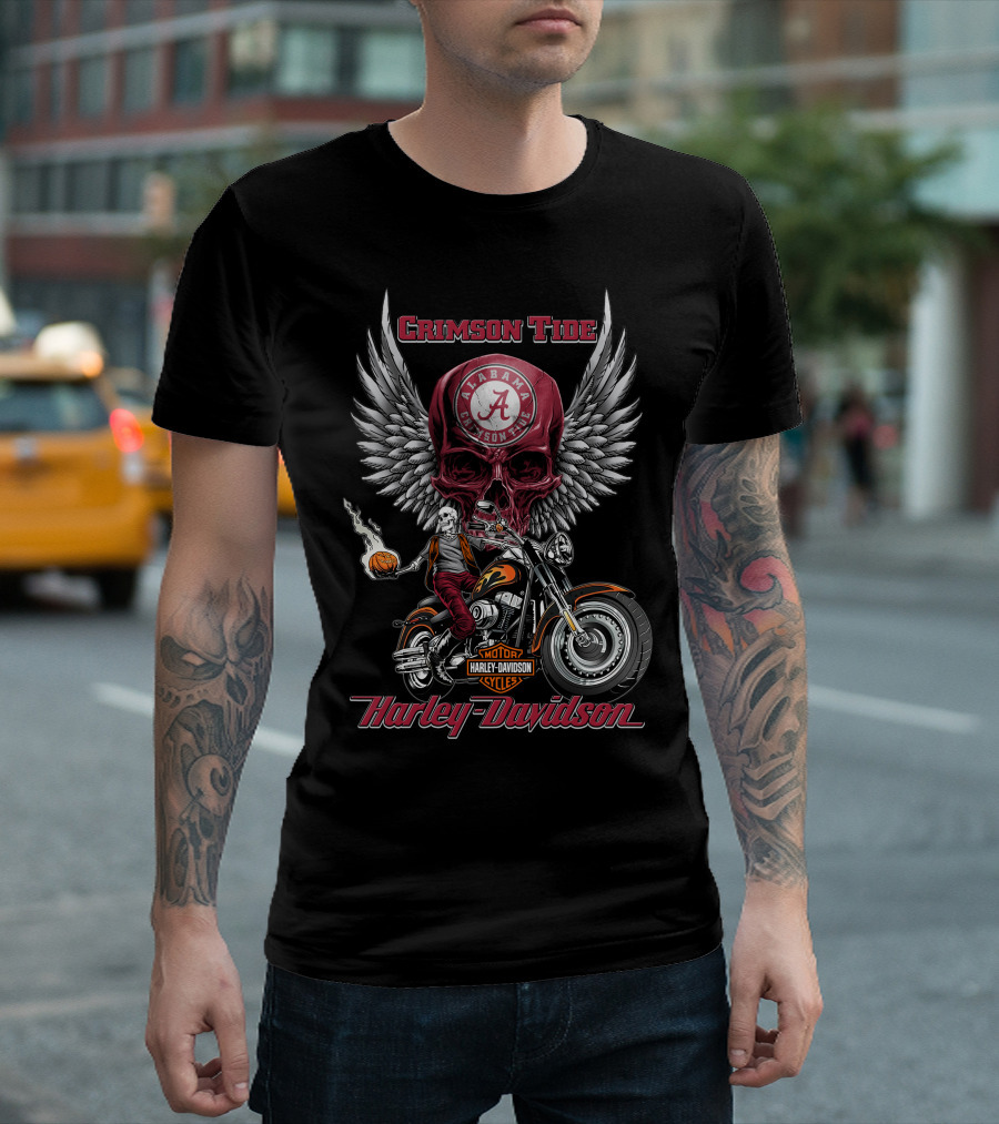 Crimson Tide Alabama Harley Davidson Motorcycles Ncaa Skull Wings T-Shirt