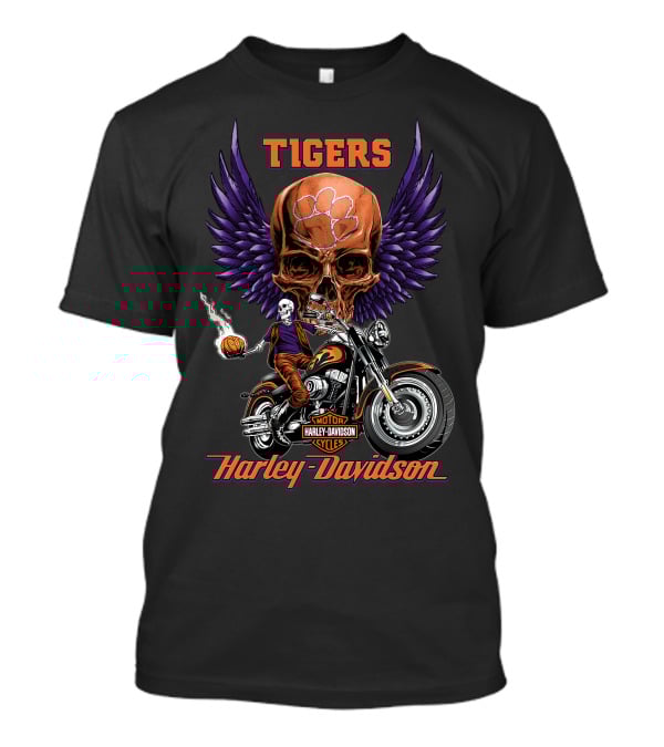 Tigers Harley Davidson Purple Wings Skull Motorcycle Basketball T-Shirt