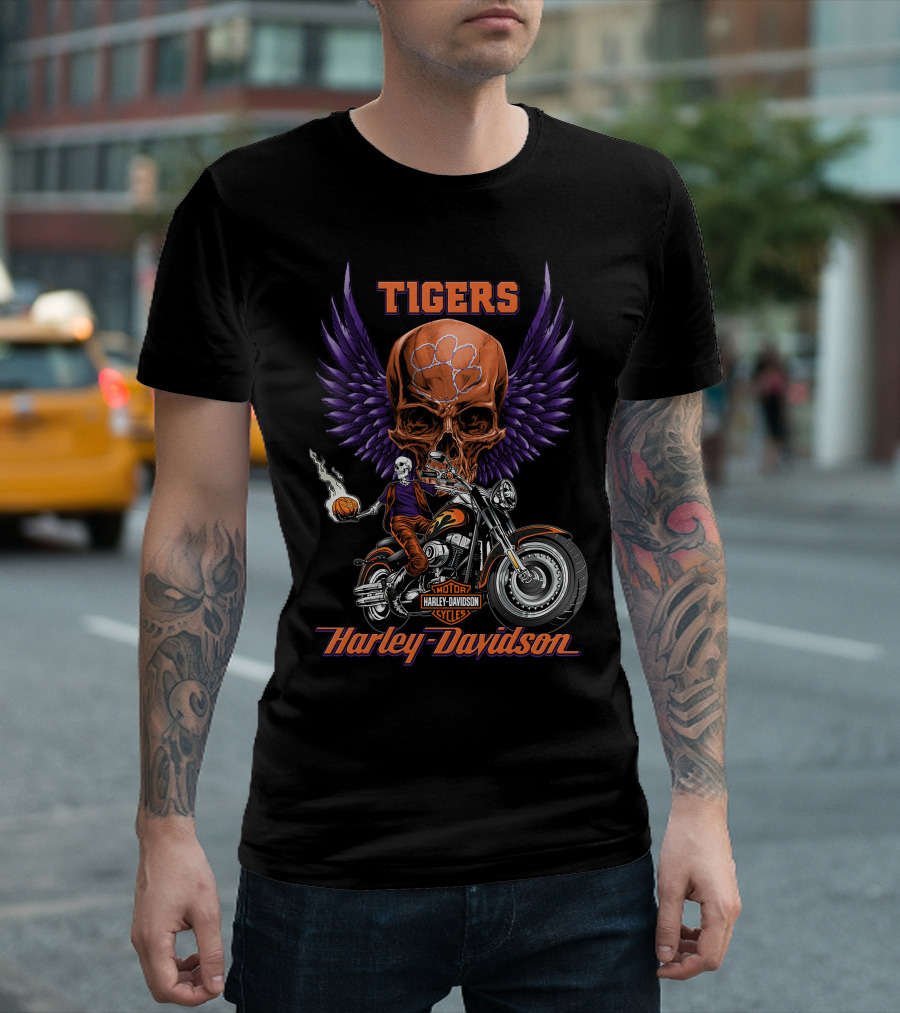 Tigers Harley Davidson Purple Wings Skull Motorcycle Basketball T-Shirt