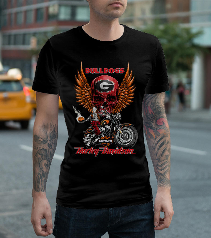 Bulldogs Harley Davidson Georgia Motorcycle Skull Wings T-Shirt